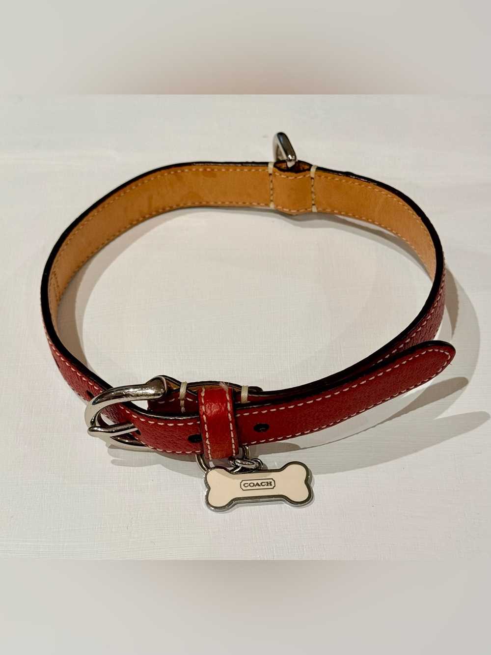 Vintage COACH Red Leather Dog Collar with Cream Bone ID Tag | Medium | Pristine
